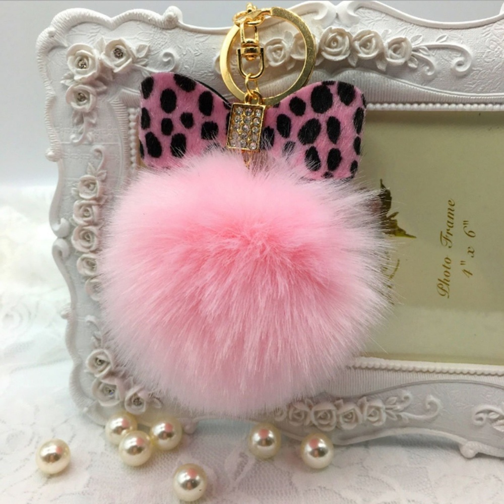 Pink Leopard Bow Pompom Keychain